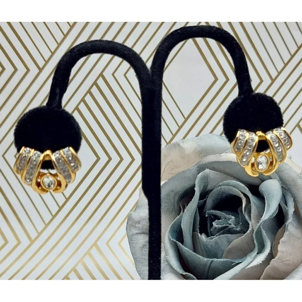 Fancy Gold Tone Pierced Statement Earrings Crystal Accents Pretty 1